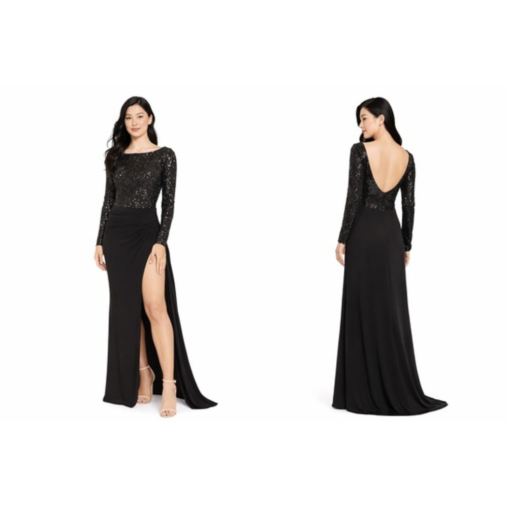 Lauren Ralph Lauren Evening Black Sequin‎ Long Sleeve Gown Slit Dress 8  82-46